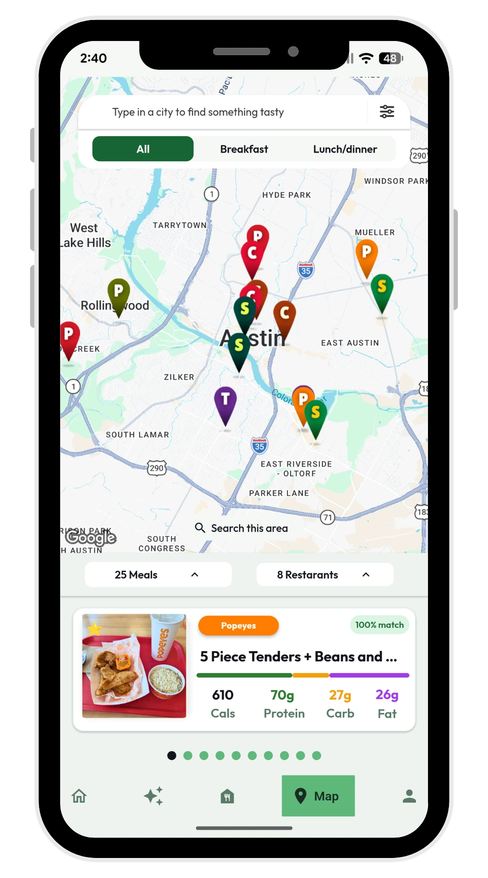 FitMeals map view showing macro-friendly restaurant meals near you in Austin with match scores